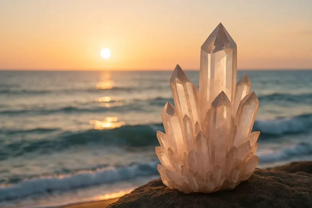 Clear quartz crystal cluster at ocean sunset — symbol of clarity and healing
