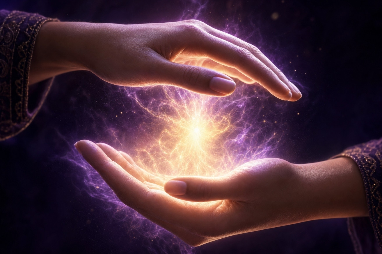 Hands cradling energy light — first remote healing session